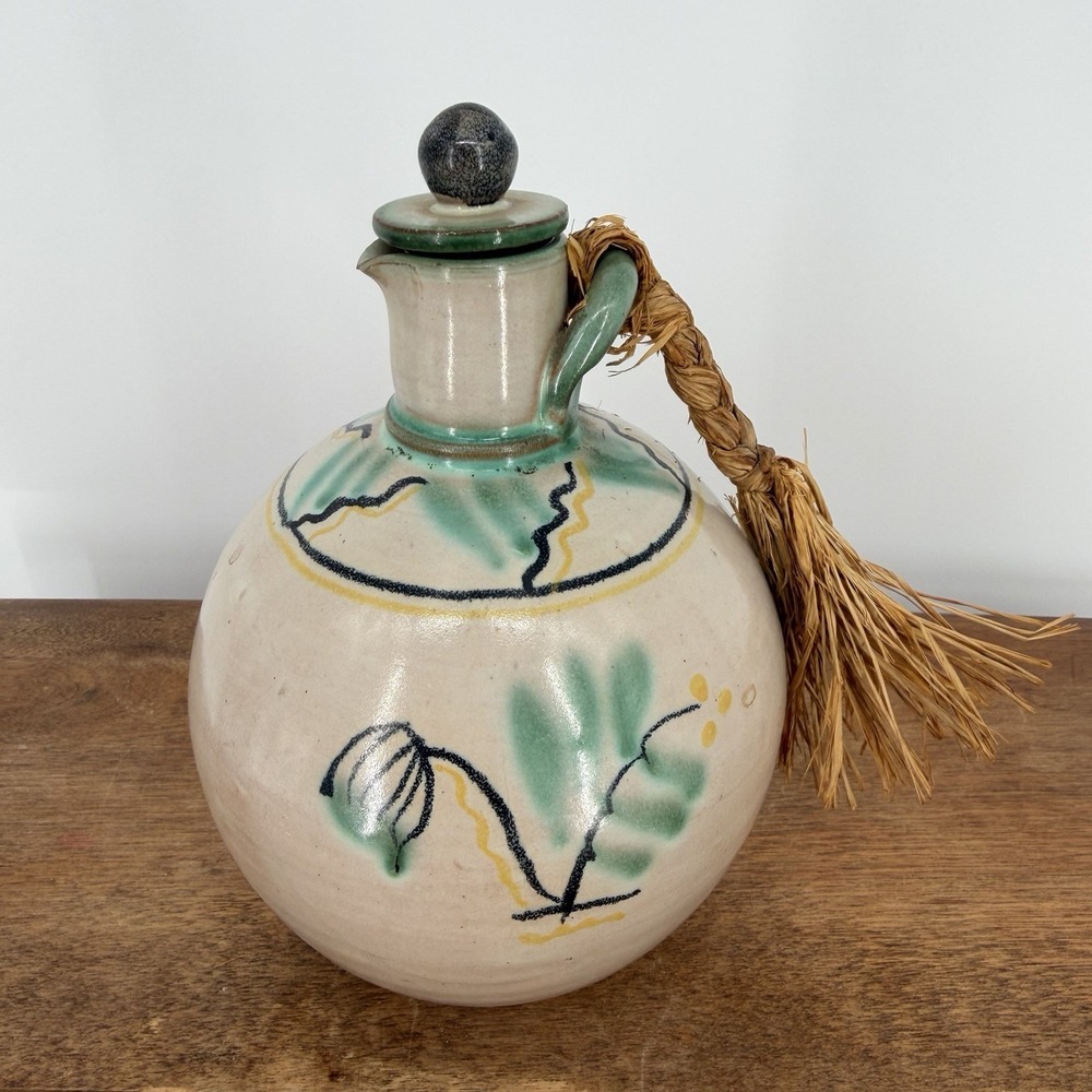 Vtg MCM Norwegian Pottery Oil Bottle Cruet Hand Painted Norge 218 130 7" w/ Cork